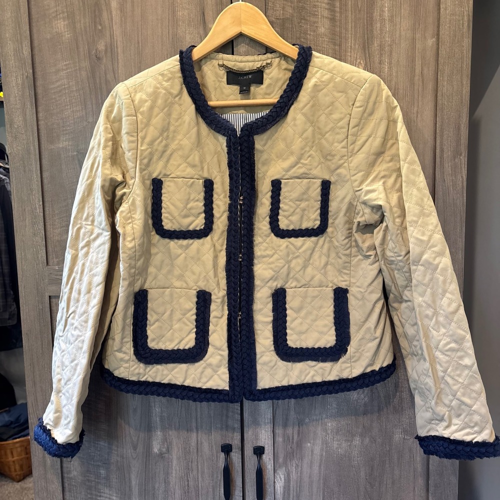 J.Crew Quilted Lady Day Safari Jacket Tan Navy Braided Trim Size 10